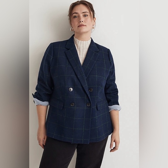New Madewell The Plus Rosedale Blazer in Plaid Fresh Blueberry 28W Italian Wool